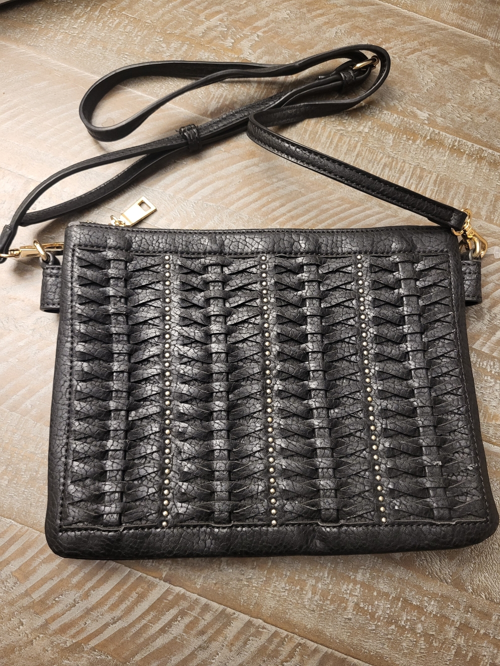 Antik Kraft Black Woven VEGAN leather Crossbody with Gold Stud Accents